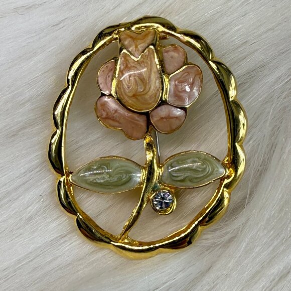 Vintage Enamel Gold Tone & Rhinestone Oval Flower Floral Brooch Pin - Picture 1 of 5